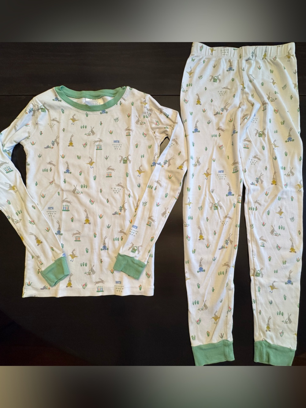 Kids LAKE White Pajama Set with bunny print and green trim